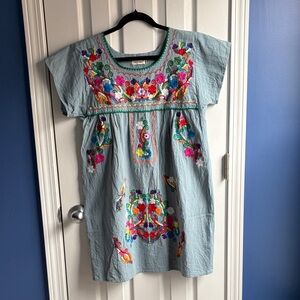 YZXDORWJ  Women's Hand Embroidered Cotton Mexican Puebla Dress Size M Blue
